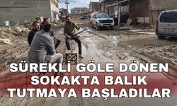Sürekli göle dönen sokakta balık tutmaya başladılar