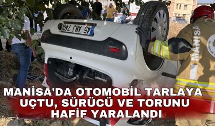 Manisa'da otomobil tarlaya uçtu, sürücü ve torunu hafif yaralandı