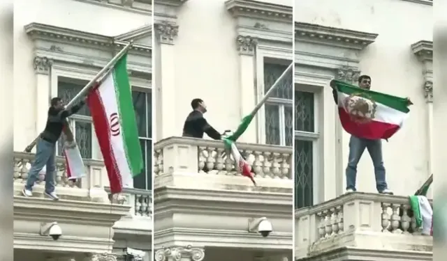 Londra'da göstericiler İran Büyükelçiliği'nde 1979 devrimi öncesine ait İran bayrağı açtı