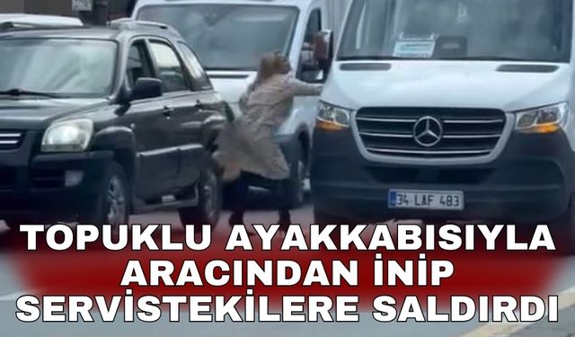Topuklu ayakkabısıyla aracından inip servistekilere saldırdı