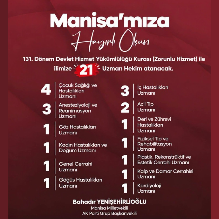 Manisa’ya 21 uzman hekim atanacak!