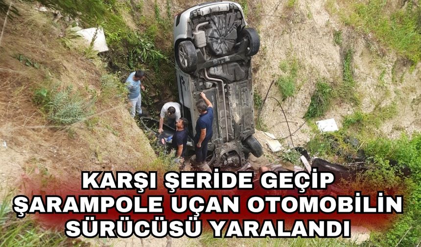 Karşı şeride geçip şarampole uçan otomobili sürücüsü yaralandı
