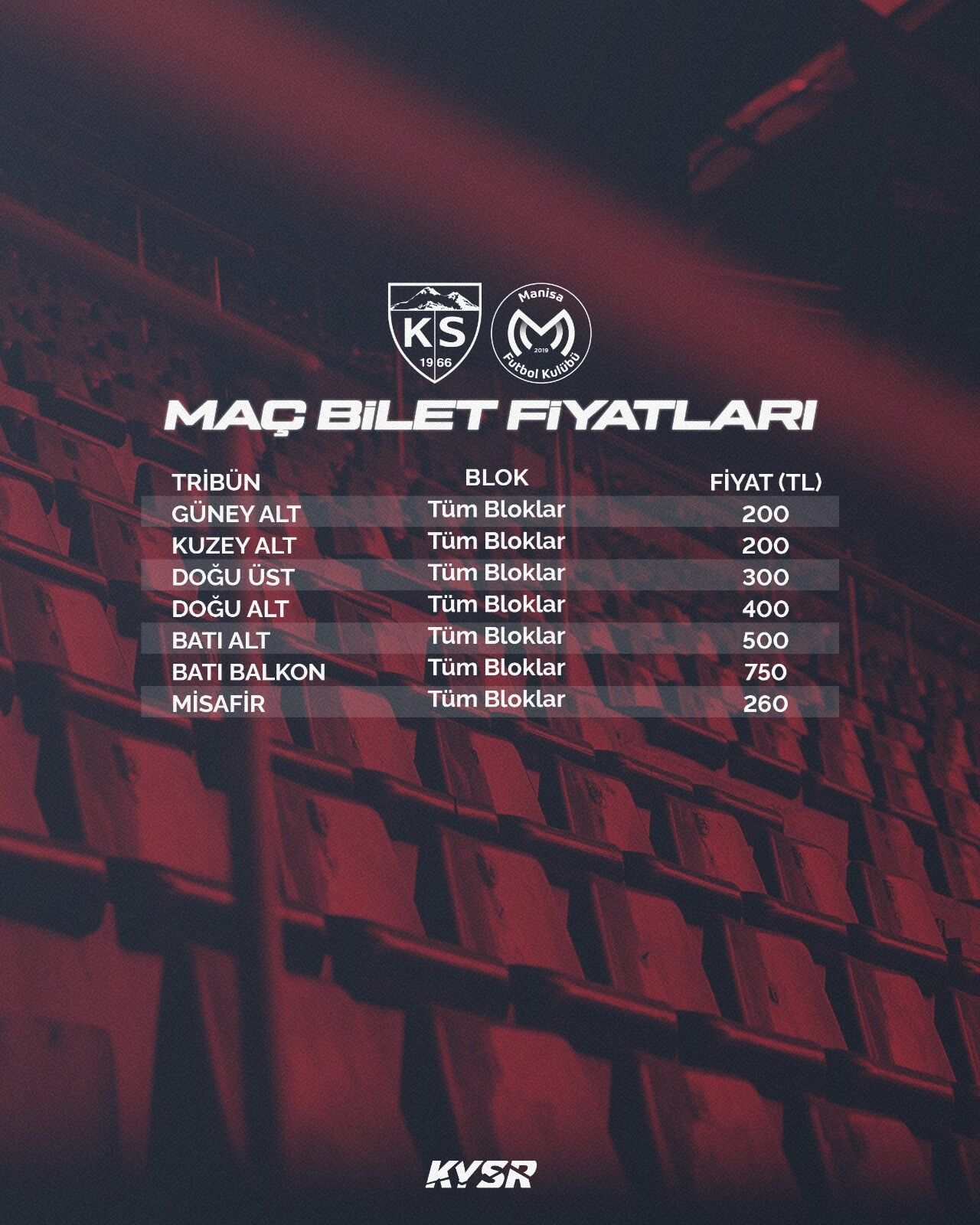 Kayserispor-Manisa FK maçının bilet fiyatları açıklandı